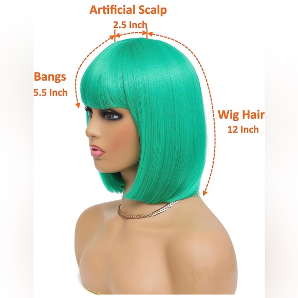 14” Green Straight Bob with Bangs Heat Resistant Synthetic Wig Cosplay Anime NEW - Picture 6 of 9